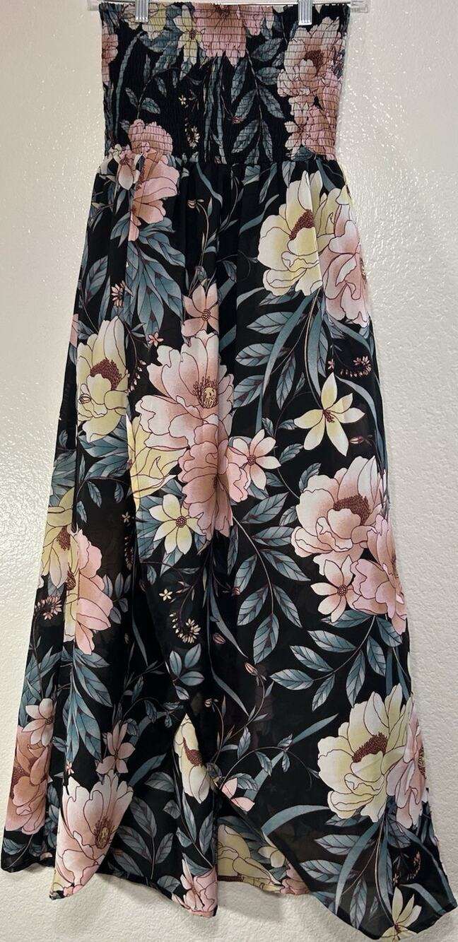 Stilettos Smocked Waist Floral Maxi Skirt - Black with Pink & Cream Blooms